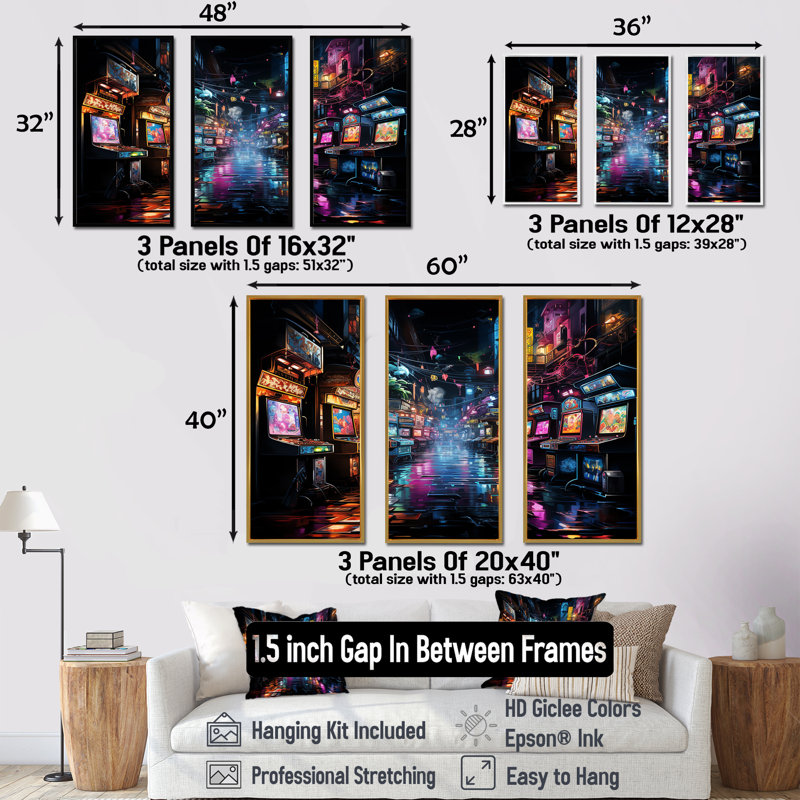 Neon Arcade Video Game Dream - Art mural de jeux vidéo, H 40 po x l 60 po, Cadre flottant doré