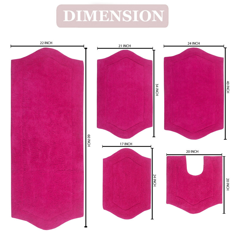 Morissette 100% Cotton Bath Mats, Quick Dry, Machine Washable, Absorbent - 5 Piece Set, Hot Pink