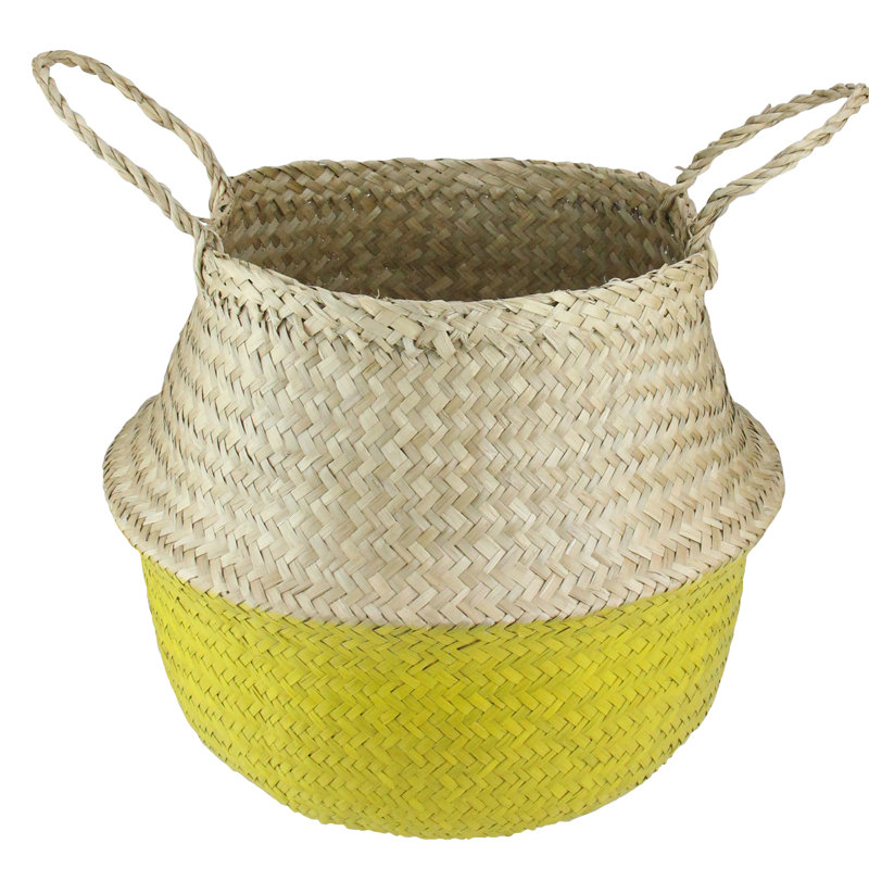 Belly Wicker Basket with Handles, Yellow, 14.5" H x 14.5" W x 14.5" D