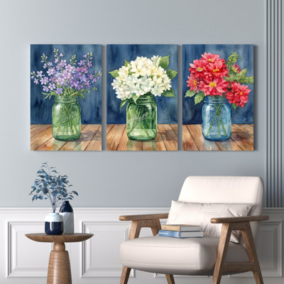 Floral Mason Jar, reproduction d'art sur toile tendue sur toile, ensemble de 3, pour salon, chambre, cuisine, décor