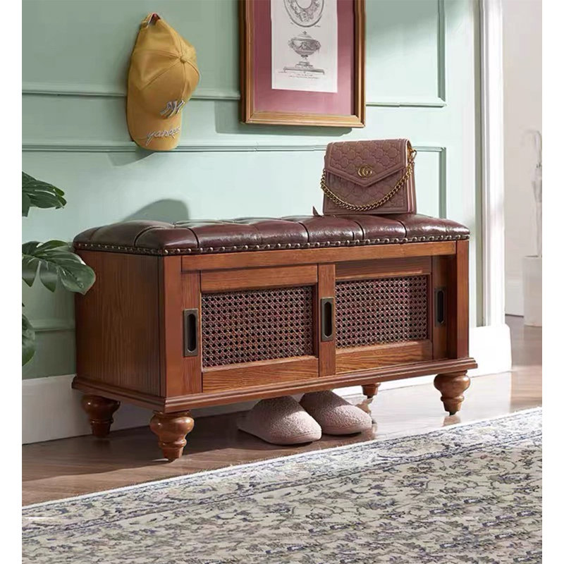Banc de rangement traditionnel pour chaussures en bois massif avec siège capitonné et insertions en rotin, Brown