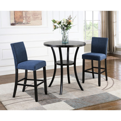 Table de bar à 3 finitions - ronde de 36 po, rangement supplémentaire inclus et chaises 3, 2 en tissu bleu, pieds en métal, disponible