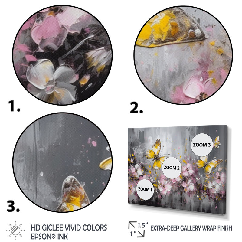 Fleurs de Rozalin avec papillons blancs IV sur toile, Cadre photo noir, H 24 po x l 32 po x P 1 po
