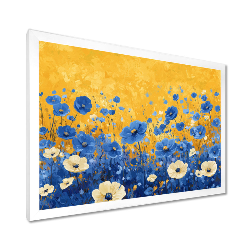 «Ison Blue Golden Wildflower Meadow Scenery II», art mural fleurs sauvages, H 12 po x l 20 po, Avec cadre, Blanc