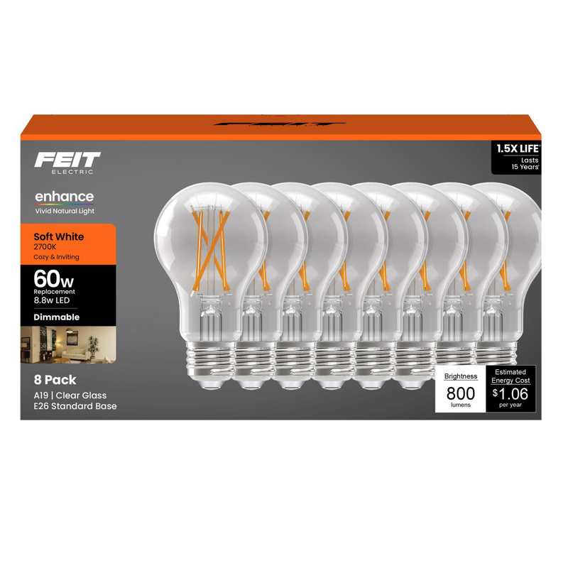 Ampoule à DEL à filament moyen Feit E19 E26 (blanc doux) 60 watts, équivalente à 8 watts, 2700 Kelvins, 60 W