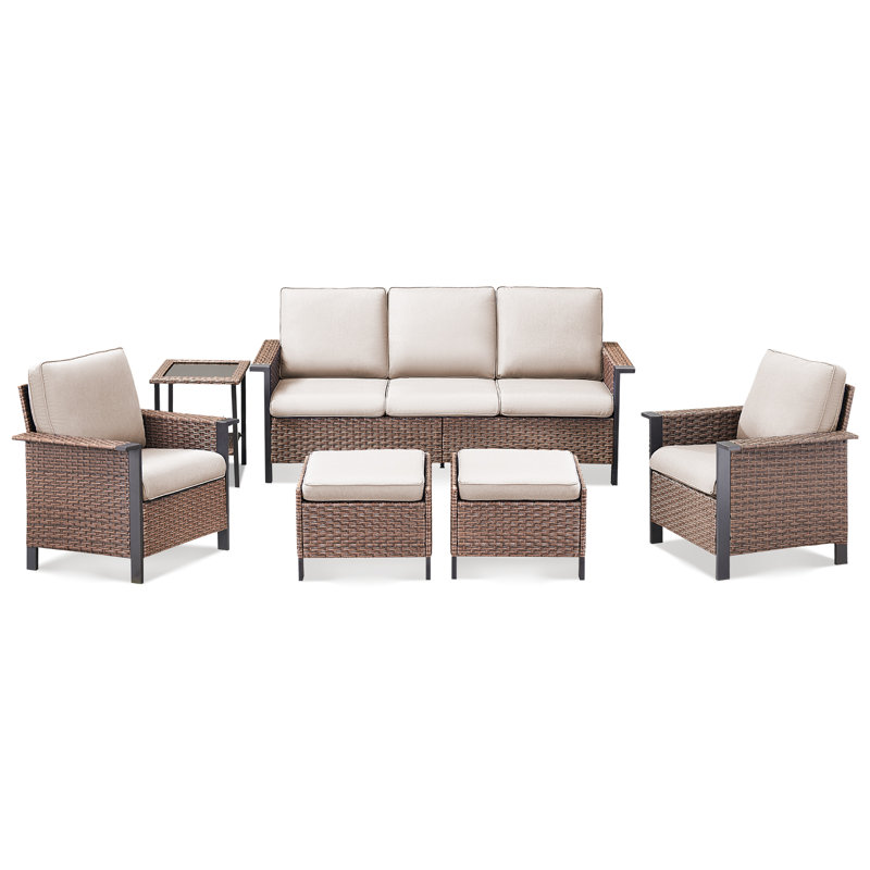 Ensemble de conversation pour canapé avec accoudoirs larges en osier pour 5 personnes Coady, Beige, Brun