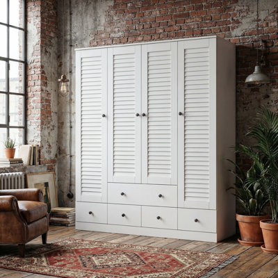 Ardit 59" Wide White Wardrobe with Louvered Doors and 5 Drawers, Freestanding Armoire Closet with Hanging Rods and Shelves