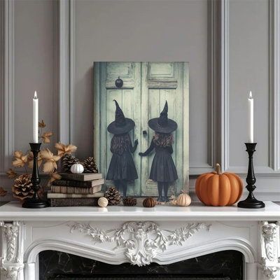 Canvas Wall Art - Halloween Witch at a Wooden Door, Dark Fairy Tale - 24" x 36" for Living Room and Bedroom