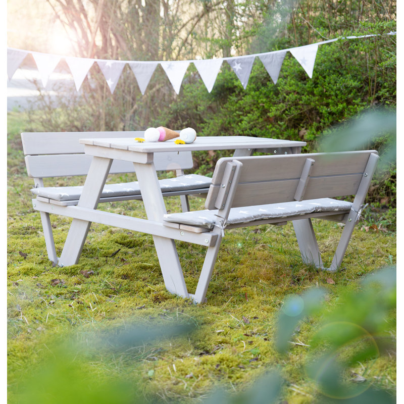 3 Piece Solid Wood Rectangular Outdoor Table Chair Set and Bench, Grey