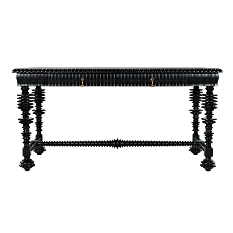 Elegant Portuguese 60'' Hand Rubbed Black Solid Wood Writing Desk with Drawer