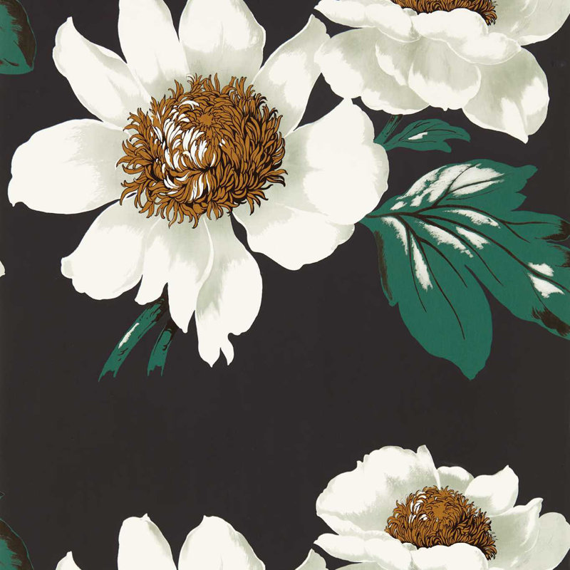 Paeonia 10.05m x 68.6cm Wallpaper Roll, Black Earth/Fig Leaf/ Gold