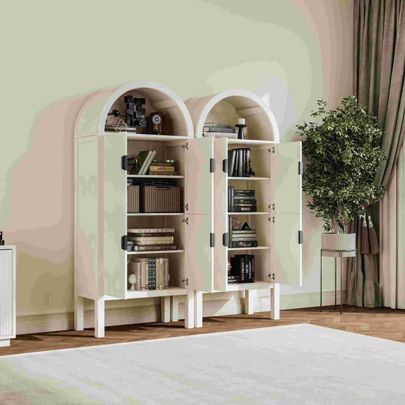 71" Tall Arched Fluted Storage Cabinet, Modern Arched Pantry Cabinet with 4 Tier Shelves, Antique White