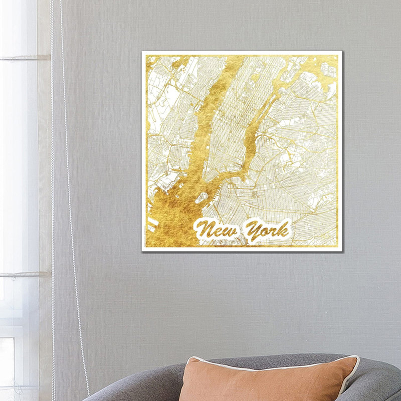 New York Gold Leaf Urban Blueprint Map by Hubert Roguski - Wrapped Canvas Print, 66.04 cm H x 66.04 cm W x 1.91 cm D
