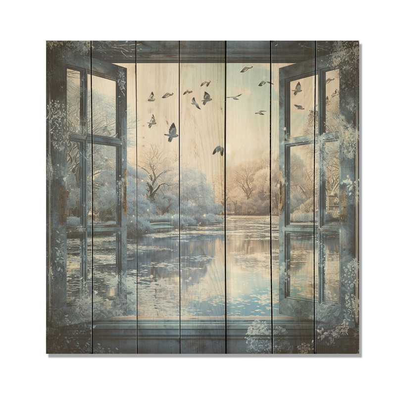 Winter Window By The Lake - Paysage d'hiver sur bois, H 30 po x l 30 po