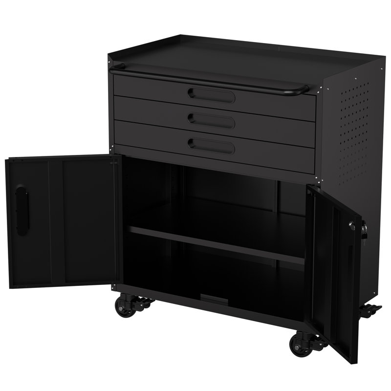 Metal Tool Cabinet,heavy‑duty Garage Storage Organizer With Lockable Doors, Perforated Pegboard Side Panels Mobile Workbench For Garage Workshop Home Use
