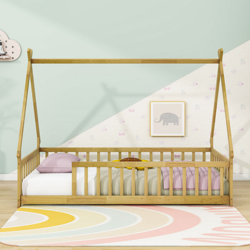 Twin-Sized Floor Bed With Safety Guardrails And Slats, Natural