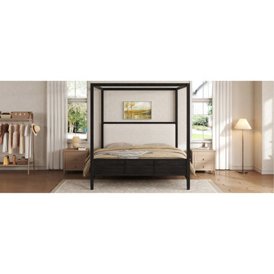Queen Size Wooden Canopy Platform Bed With Upholstery Headboard,No Box Spring Needed,Black