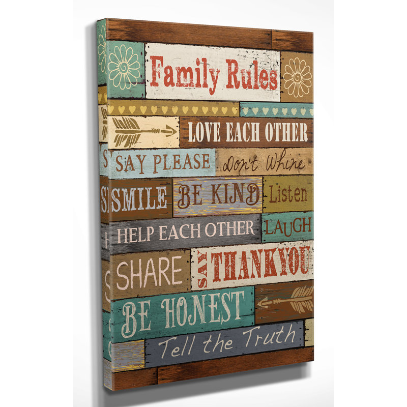 « family rules » par conrad knutsen, art textuel sur toile tendue, H 24 po x l 32 po x P 1,5 po