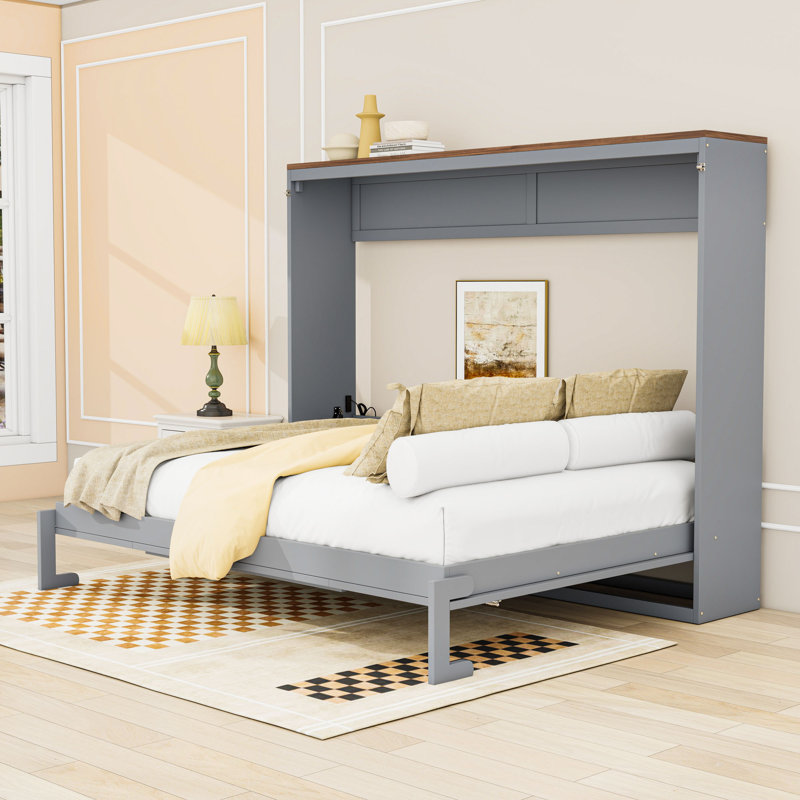 Grand lit escamotable mural en bois avec port USB et lattes, Gris