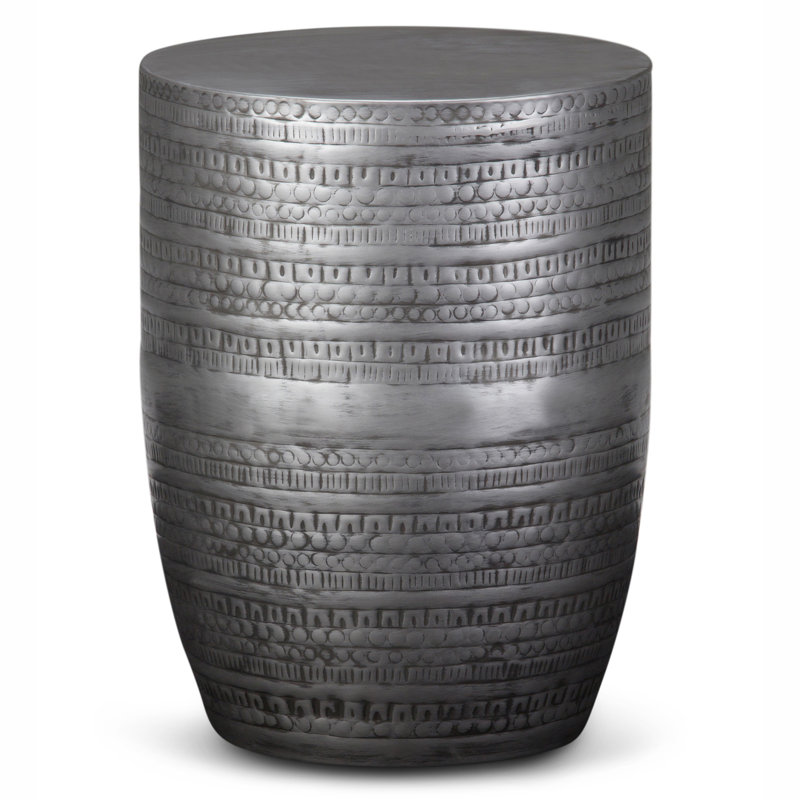 15"W Metal Boho End Table with Drum Design and Textured Finish, Assembled, Antique Silver