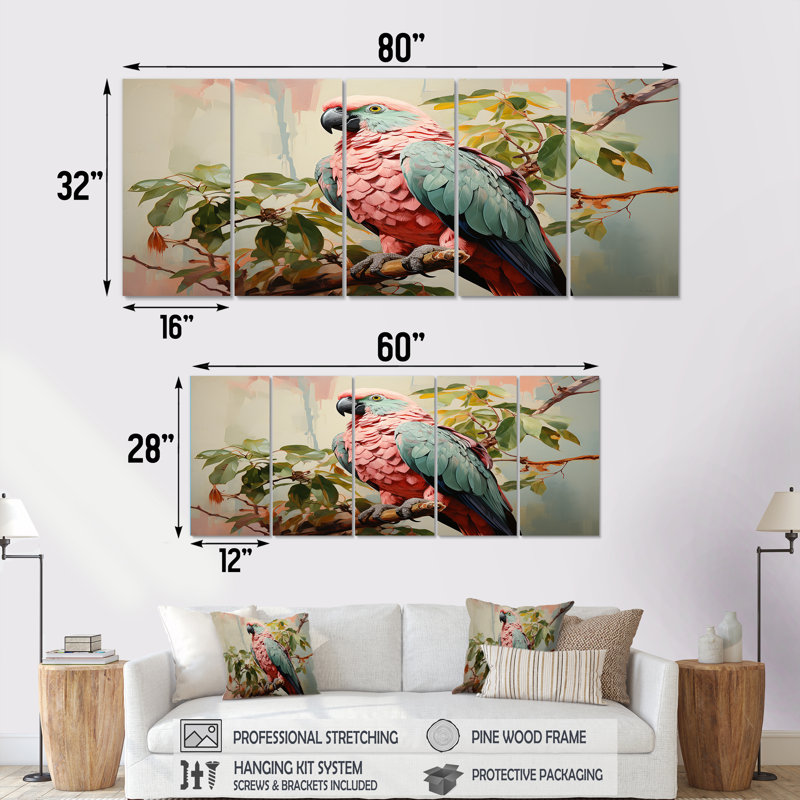 Ensemble d'art mural 5 pièces bleu et rose Paradise II - Parrot, H 32 po x l 80 po