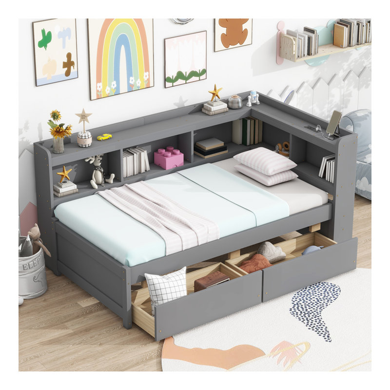Lit simple en forme de L avec bibliothèques avec prises de courant, ports de chargement USB, deux tiroirs, gris