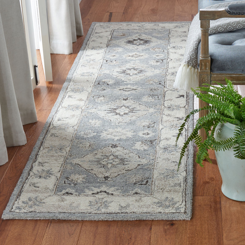 Tapis gris / ivoire en laine touffeté à la main Routh, 2 pi 3 po x 8 pi