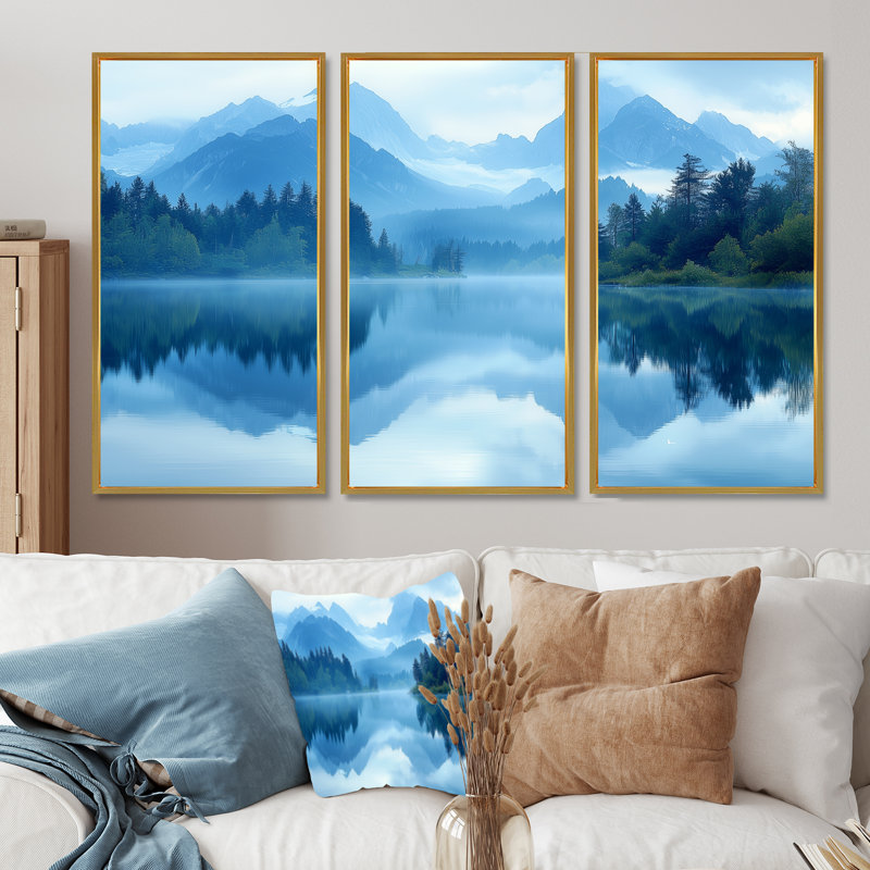 «Mountain Lake Silent Reflections III», art mural montagnes - ensemble de 3, H 40 po x l 60 po, Doré