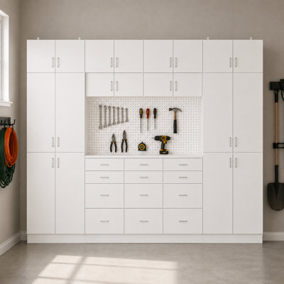 Système de rangement pour garage de 240 cm (H) x 320 cm (L) avec 20 portes, 12 tiroirs et un panneau perforé