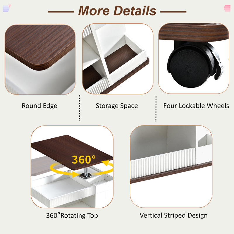 Adjustable End Table With Wheels, 360°rotating Top, Storage Space, Wood Grain Texture And Vertical Striped Design, White