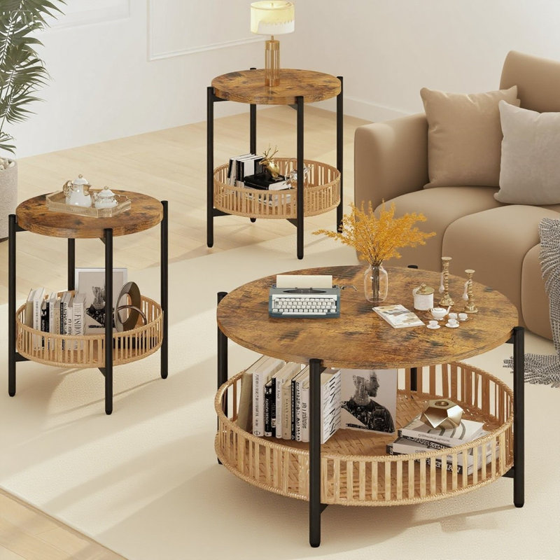 Boho Living Room Table Set With Rattan Storage Shelf And Metal Frame, Round Coffee Table And 2 End Side Tables