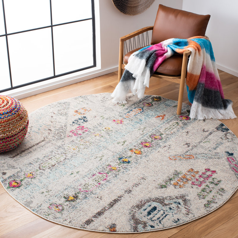 Felty Ikat Grey/Blue Area Rug, Round 6'7"