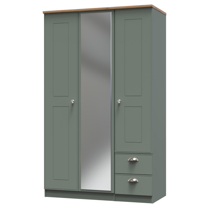 Conners Triple Small Drawer Mirror Wardrobe , Reed Green/Riviera Oak