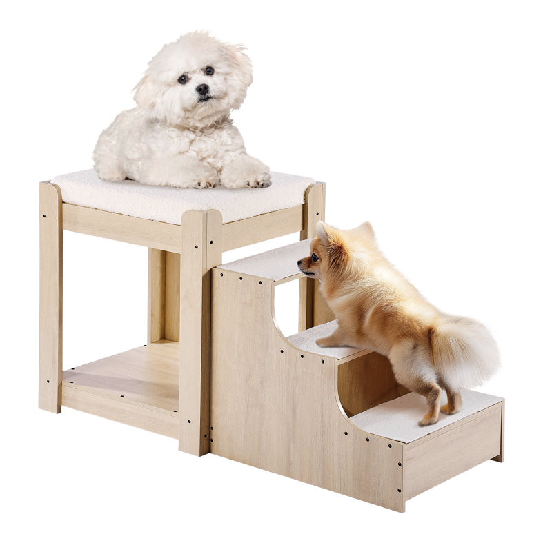 Pet Bunk Bed with Stairs Dog/Cat Window Perch Sleeper Couch Medium Size, Beige