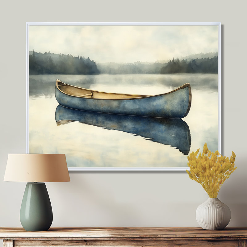 «Soft Canoe Lake II - Blue Lakeside», art mural, H 12 po x l 20 po, Cadre flottant blanc