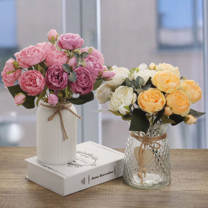 2 faisceaux artificiels de bouquet de pivoines pour décor de vase de fête de mariage, Jaune