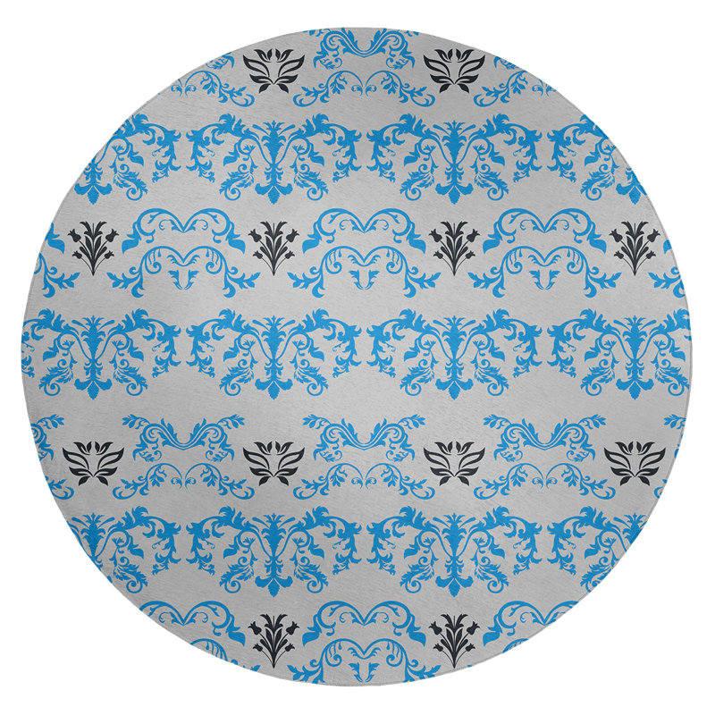 Tapis rond argenté à motif damassé baroque
