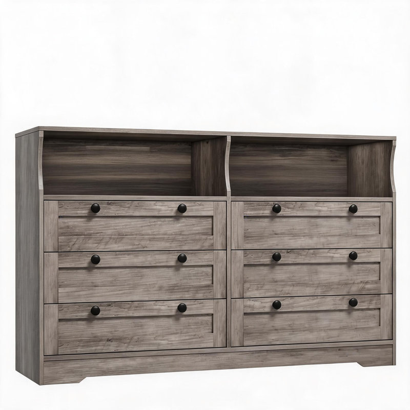 Commode moderne à 6 tiroirs de 140 cm (55 po) avec prise de courant intégrée et éclairage DEL RVB, MDF résistant aux marques, stabilité anti-basculement, tiroirs à glissière lisses