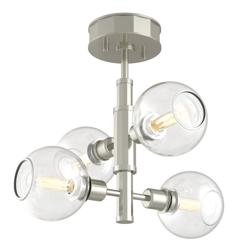 Plafonnier semi-encastré géométrique 13" 4 lumières spoutnik Tavera, Nickel satiné