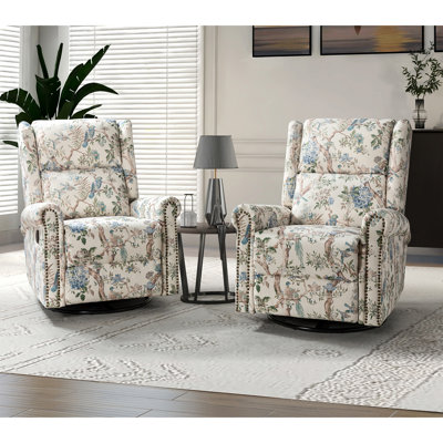 Alyissa Floral Print Manual Swivel Rocking Recliner with Nailhead Trims (Set of 2)