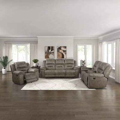 Hamisi Transitional Polished Microfiber 3-Piece Manual Reclining Set with Gentle Rocking Motion, Center Storage Console & High-Density Foam Comfort by Red Barrel Studio