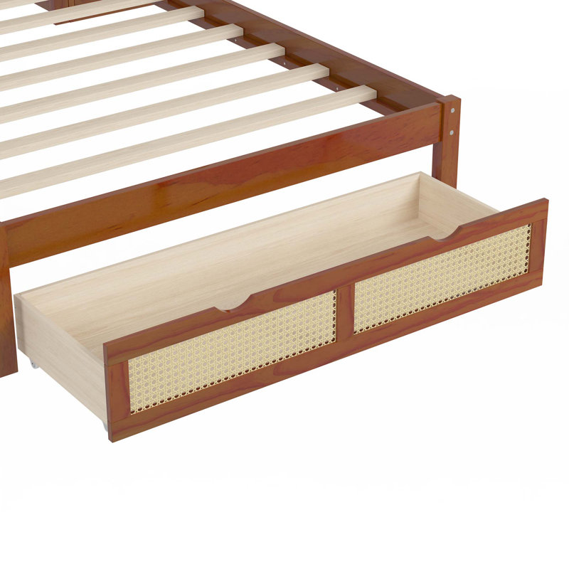 Lit plateforme simple en bois avec deux casiers de rangement, tiroir, Noyer