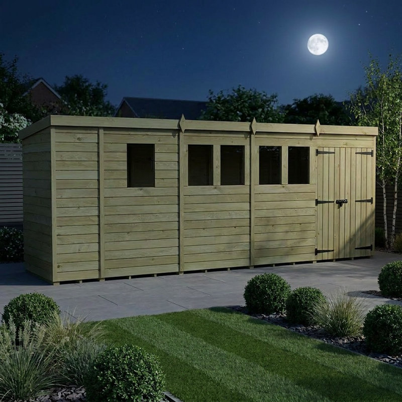 Total Sheds 17ft x 4ft Pent Garden Shed - Double Door - With Windows - Pressure Treated Timber - UK Manufactured