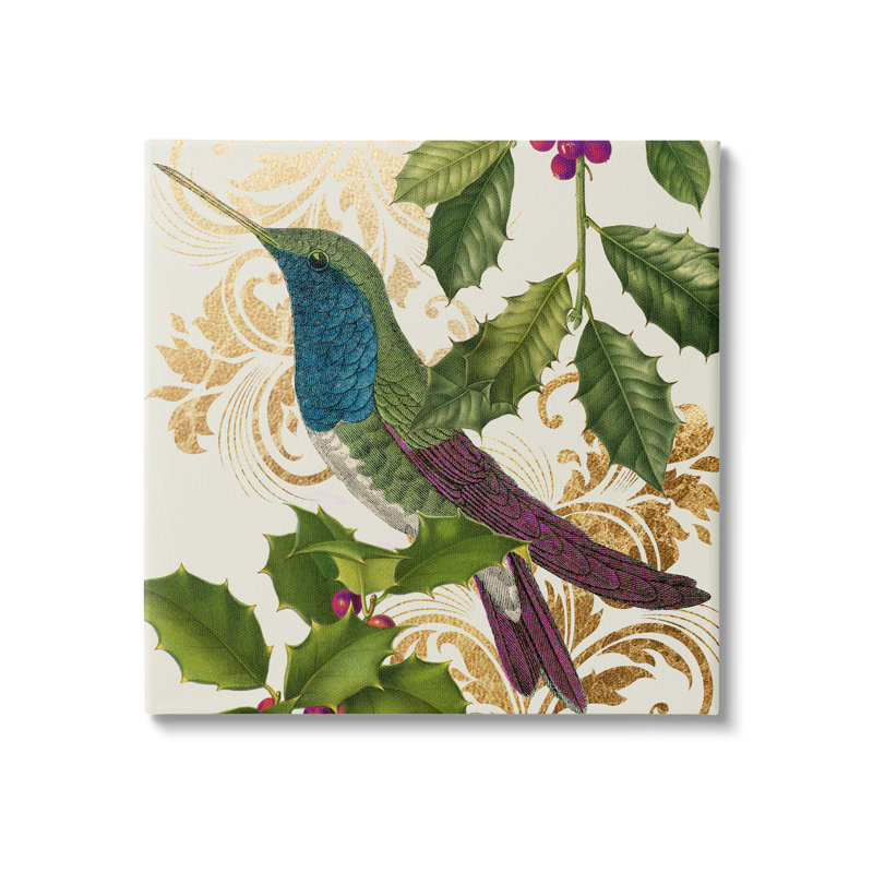 Curieux colibri motif doré houx d'hiver Daphne Polselli, Toile tendue, H 17 po x l 17 po