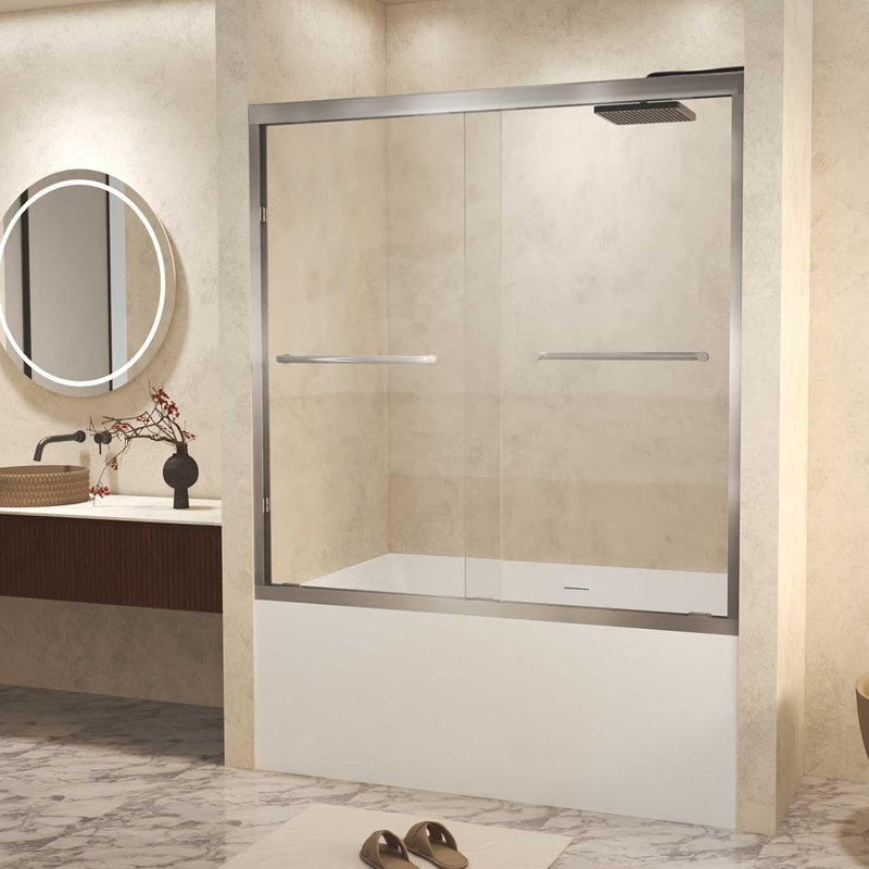 Porte de baignoire coulissante double H 56 po x l 60 po x H 56 po, portes de baignoire de douche à cadre en aluminium avec verre anti-déflagrant de 1/4 po (6 mm), porte en verre coulissante nickel brossé