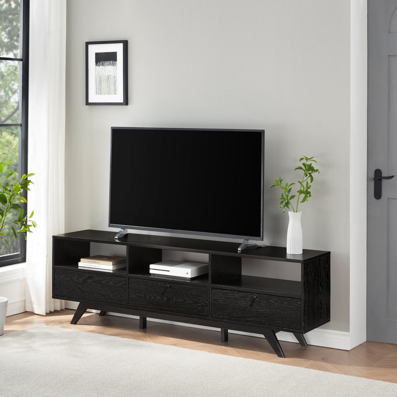 Meuble télé 3 portes à profil bas Modern Scandi pour téléviseur de 80 po ou moins, Noir, noir, noir, noir