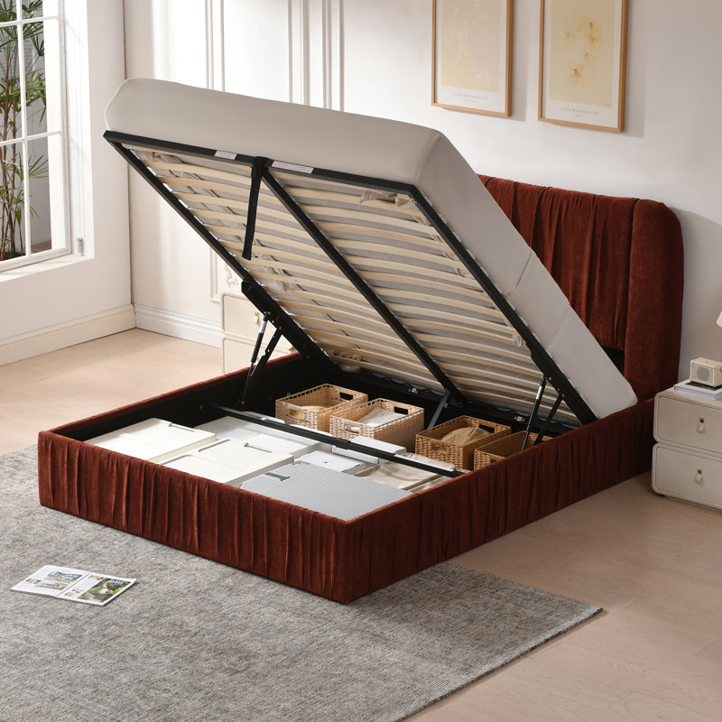 Lit de rangement relevable hydraulique Willma avec revêtement plissé, rouge vin, grand, Vin rouge, Queen