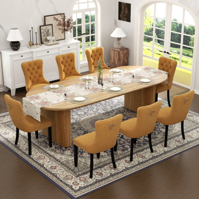  Farmhouse Dining Table Set, Rectangle Extendable Dining Table with Tufted Velvet Dining Chair for Dining Room