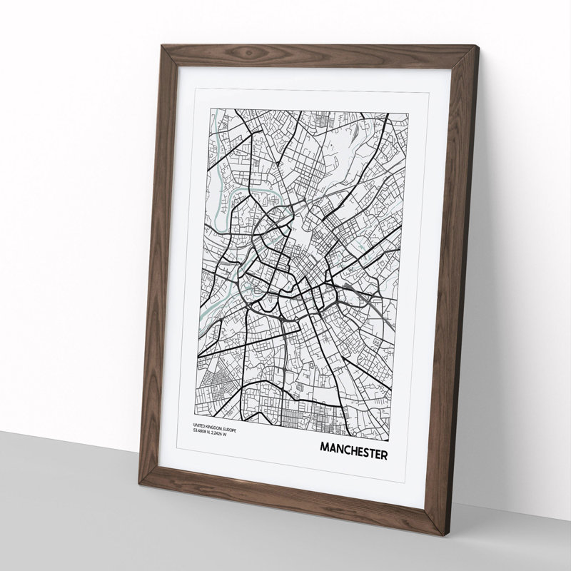 Map Manchester UK - Picture Frame Graphic Art, 90cm H x 65cm W x 2cm D, Walnut