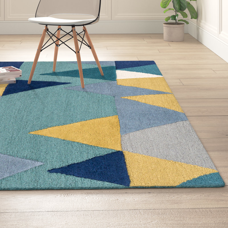 Sandin Geometric Hand-Tufted Wool Teal/Navy/Yellow/Grey Area Rug, Rectangle 5' x 7'6"
